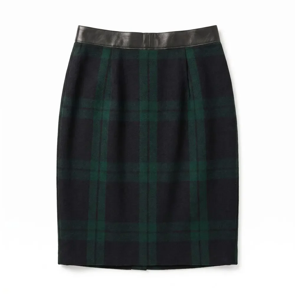 100% Wool 100% Leather Blackwatch Tartan Plaid Pencil Mini Skirt